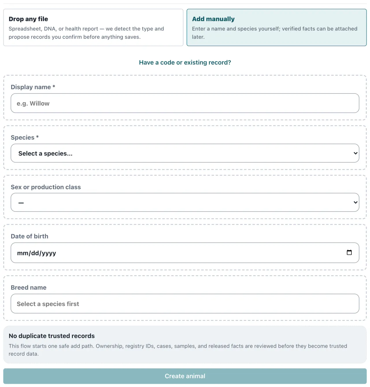 The Add animal form in the AnimalTrace app, with fields for display name, species, sex, date of birth, and breed, and a Create animal button.