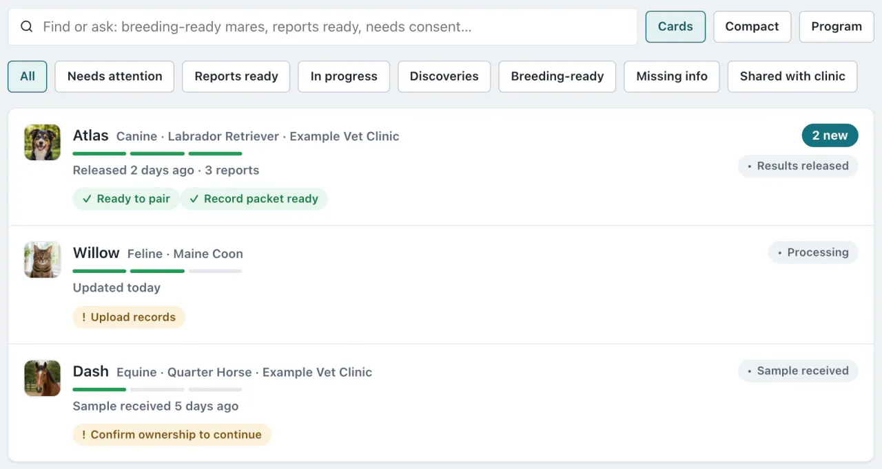 The animal list in the AnimalTrace app: a Labrador Retriever with released results, a Maine Coon waiting for records, and a Quarter Horse with a sample received, each showing what it needs next.